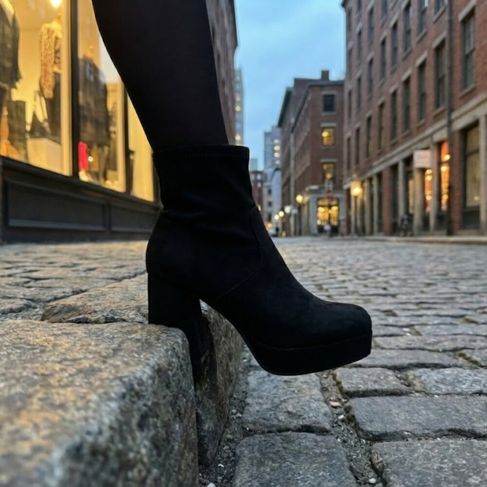 NIB Pazzle Black Faux Suede Platform Ankle Boots Block Heel Booties 90s Y2K - Picture 4 of 6